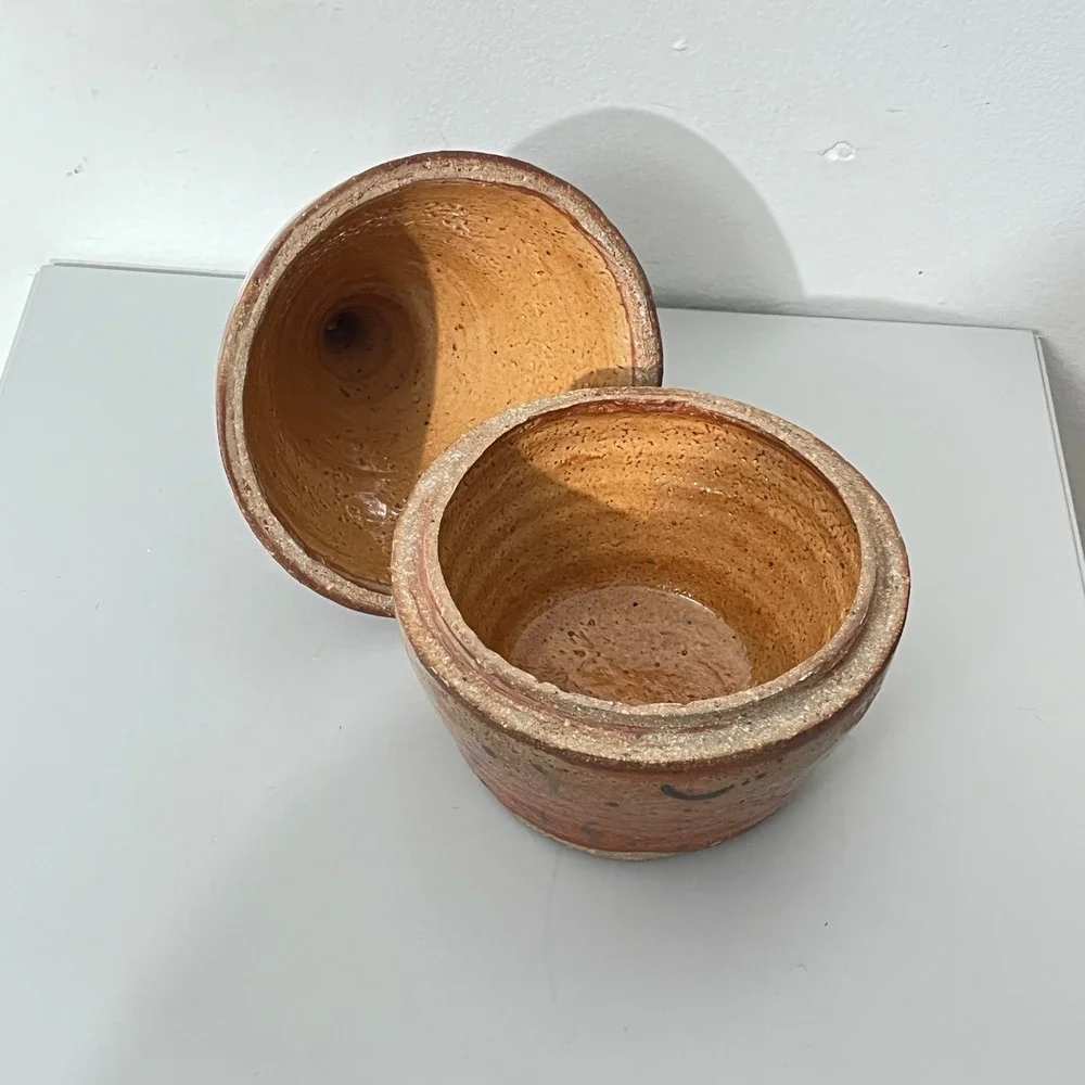Vintage Studio Pottery Lidded Jar  Brown Green Salt Glaze Conical Vessel